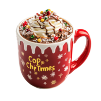 Hot chocolate in red christmas theme mug front view isolate on transparent background png