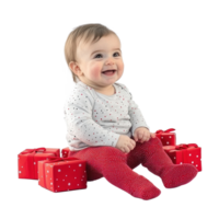 Smiling baby sitting with red presents side view isolate on transparent background png
