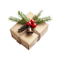 Christmas gift box with barble and jingle bell with fir branch front view isolate on transparent background png