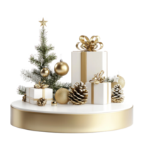 Empty Christmas white and gold podium with decoration items isolate on transparent background png