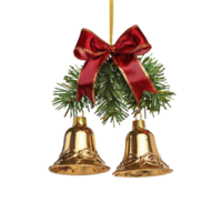 Gold Christmas Bells with red ribbon and bow and green tree branches hanging isolate on transparent background png