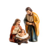 Christmas figurines of Joseph, Mary, and the baby Christ child in a manger isolate on transparent background png