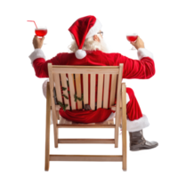 Santa Claus relaxing on deckchair holding cocktail rear view isolate on transparent background png