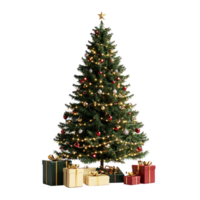 Kerstmis boom met lichten en cadeaus voorkant visie isoleren Aan transparant achtergrond png