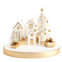 White and gold Christmas podium with white wood houses and gold presents isolate on transparent background png