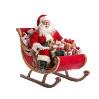 Smiling Santa Claus sitting red Sleigh with present bags full of gifts boxes front view isolate on transparent background png
