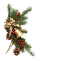 Christmas corner with gold bell and green spruce twigs, red berries, cones and ribbon bow isolate on transparent background png