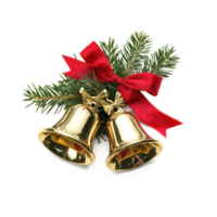 Gold Christmas bells with red ribbon and green fir isolate on transparent background png