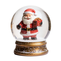 Snow globe with a happy Santa Claus holding a Christmas present front view isolate on transparent background png