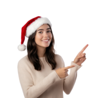 Smiling young woman wear Santa hat and hands pointing to empty space side view isolate on transparent background png