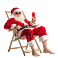 Santa Claus relaxing on beach chair holding coktail front view isolate on transparent background png