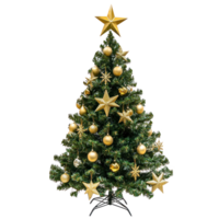 Beautifully decorated Chistmas Tree with a golden star topper front view isolate on transparent background png