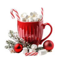 Red Hot chocolate mug with candy cane and marshmallows and christmas decoration front view isolate on transparent background png