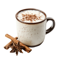 Mug of hot milk with cocoa and cinnamon for Christmas front view isolate on transparent background png