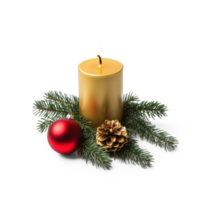 Gold christmas candle with green fir branch and red shiny bauble isolate on transparent background png