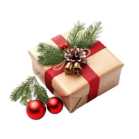 Christmas gift box with barble and jingle bell with fir branch isolate on transparent background png