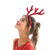 Pretty young woman smiline wear red reindeer antlers headband looking up side view isolate on transparent background png