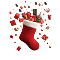 Gifts and decoration items falling into Red Christmas stocking floating isolate on transparent background png