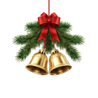 Gold Christmas Bells with red ribbon and bow and green tree branches hanging isolate on transparent background png