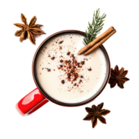 Red mug of eggnog cocktail with christmas decoration top view isolate on transparent background png