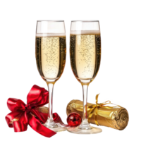 Two glasses of Champagne with a cork and red barbles and golden ribbon and bow isolate on transparent background png
