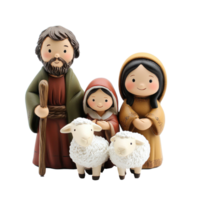 Christmas figurines of Jesus, Mary, Joseph and sheep front view isolate on transparent background png