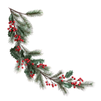 Christmas corner branches and holly with red berries isolate on transparent background png