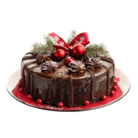 Christmas chocolate cake on a plate and red decorations isolate on transparent background png