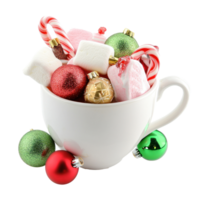 Cup full of marshmallow with candy and Christmas ornaments front view isolate on transparent background png