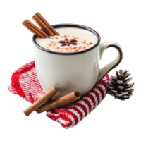 Mug of hot milk with cocoa and cinnamon for Christmas front view isolate on transparent background png