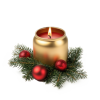 Gold christmas canle with green fir branch and red shiny bauble front view isolate on transparent background png