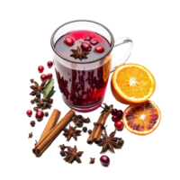 glass of mulled wine with cut orange, cranberries and different spices isolate on transparent background png