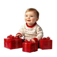 Smiling baby sitting with red presents side view isolate on transparent background png