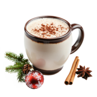 Mug of hot milk with cocoa and cinnamon for Christmas front view isolate on transparent background png