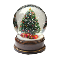 A snow globe with a beautifully decorated Christmas tree inside with present front view isolate on transparent background png