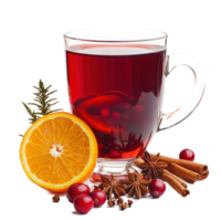 glass of mulled wine with cut orange, cranberries and different spices isolate on transparent background png