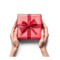 Hands holding red gift box top view isolate on transparent background png