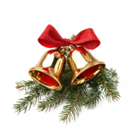 Gold Christmas Bells with red ribbon and bow and green tree branches isolate on transparent background png
