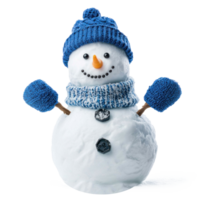schattig glimlachen sneeuwman gemaakt van sneeuw vervelend blauw hoed en wanten voorkant visie isoleren Aan transparant achtergrond png