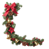 Green Christmas garland corner with gold bells in the middle with red ribbon and bow and other decoration isolate on transparent background png