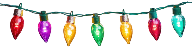 A string of colorful Christmas lights hanging isolate on transparent background png