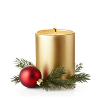 Gold christmas candle with green fir branch and red shiny bauble front view isolate on transparent background png