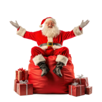 smiling Santa Claus sitting on a red flipped sack with presents and open arms front view isolate on transparent background png
