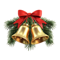 Gold Christmas Bells with red ribbon and bow and green tree branches isolate on transparent background png
