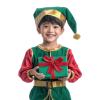 Smiling little boy wear christmas elf costume holding gift box isolate on transparent background png