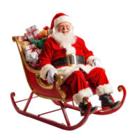 Smiling Santa Claus sitting red Sleigh with present bags full of gifts boxes front view isolate on transparent background png