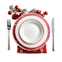 Christmas plate setting with white dishware, silverware and red decorations isolate on transparent background png