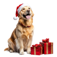 Smiling Dog wearing red santa sitting with red presents side view full length isolate on transparent background png