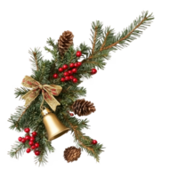 Christmas corner with gold bell and green spruce twigs, red berries, cones and ribbon bow isolate on transparent background png