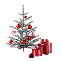 Christmas Tree with Red decoration and gift front view isolate on transparent background png